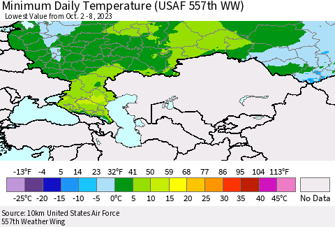 Russian Federation Minimum Daily Temperature (USAF 557th WW) Thematic Map For 10/2/2023 - 10/8/2023