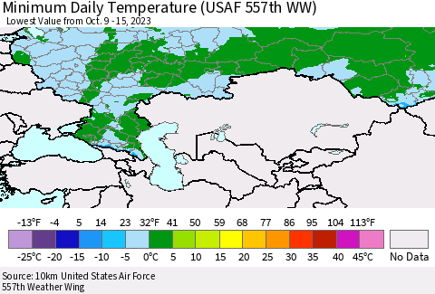 Russian Federation Minimum Daily Temperature (USAF 557th WW) Thematic Map For 10/9/2023 - 10/15/2023