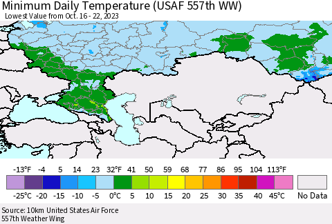 Russian Federation Minimum Daily Temperature (USAF 557th WW) Thematic Map For 10/16/2023 - 10/22/2023