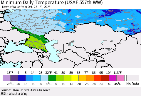 Russian Federation Minimum Daily Temperature (USAF 557th WW) Thematic Map For 10/23/2023 - 10/29/2023