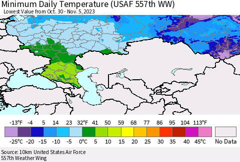 Russian Federation Minimum Daily Temperature (USAF 557th WW) Thematic Map For 10/30/2023 - 11/5/2023