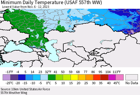 Russian Federation Minimum Daily Temperature (USAF 557th WW) Thematic Map For 11/6/2023 - 11/12/2023