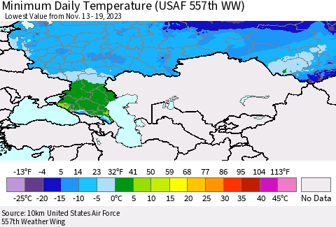 Russian Federation Minimum Daily Temperature (USAF 557th WW) Thematic Map For 11/13/2023 - 11/19/2023