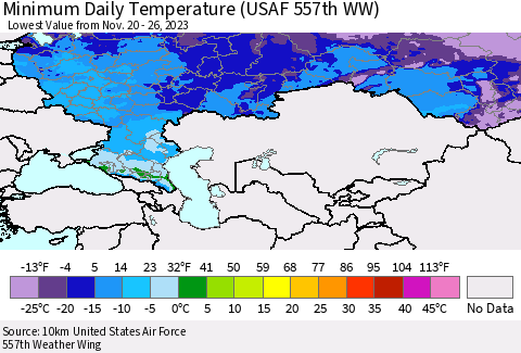 Russian Federation Minimum Daily Temperature (USAF 557th WW) Thematic Map For 11/20/2023 - 11/26/2023