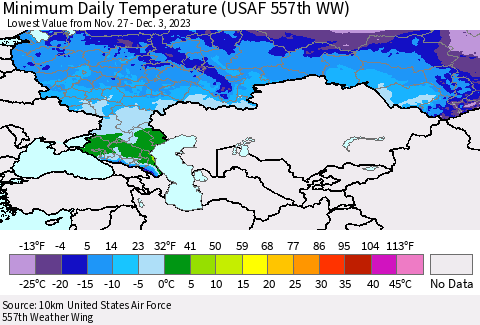 Russian Federation Minimum Daily Temperature (USAF 557th WW) Thematic Map For 11/27/2023 - 12/3/2023