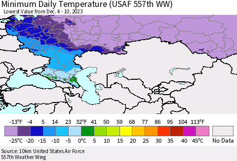 Russian Federation Minimum Daily Temperature (USAF 557th WW) Thematic Map For 12/4/2023 - 12/10/2023