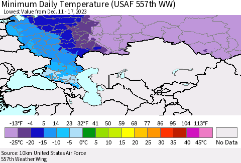 Russian Federation Minimum Daily Temperature (USAF 557th WW) Thematic Map For 12/11/2023 - 12/17/2023