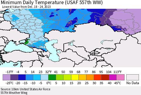 Russian Federation Minimum Daily Temperature (USAF 557th WW) Thematic Map For 12/18/2023 - 12/24/2023