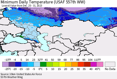 Russian Federation Minimum Daily Temperature (USAF 557th WW) Thematic Map For 12/25/2023 - 12/31/2023