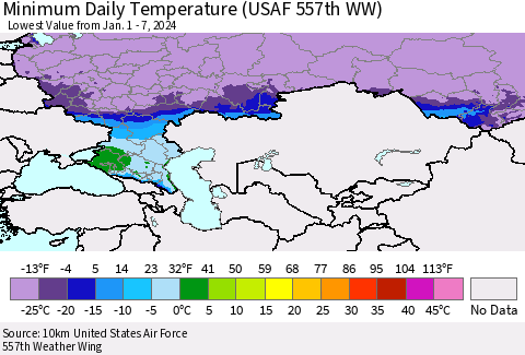 Russian Federation Minimum Daily Temperature (USAF 557th WW) Thematic Map For 1/1/2024 - 1/7/2024