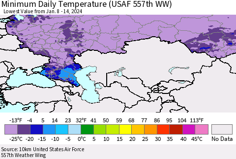 Russian Federation Minimum Daily Temperature (USAF 557th WW) Thematic Map For 1/8/2024 - 1/14/2024