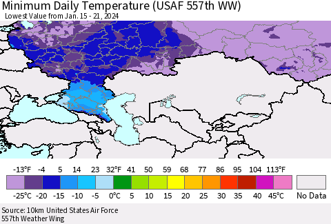 Russian Federation Minimum Daily Temperature (USAF 557th WW) Thematic Map For 1/15/2024 - 1/21/2024