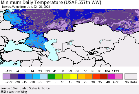 Russian Federation Minimum Daily Temperature (USAF 557th WW) Thematic Map For 1/22/2024 - 1/28/2024