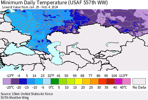 Russian Federation Minimum Daily Temperature (USAF 557th WW) Thematic Map For 1/29/2024 - 2/4/2024