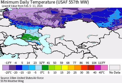 Russian Federation Minimum Daily Temperature (USAF 557th WW) Thematic Map For 2/5/2024 - 2/11/2024