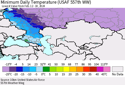 Russian Federation Minimum Daily Temperature (USAF 557th WW) Thematic Map For 2/12/2024 - 2/18/2024