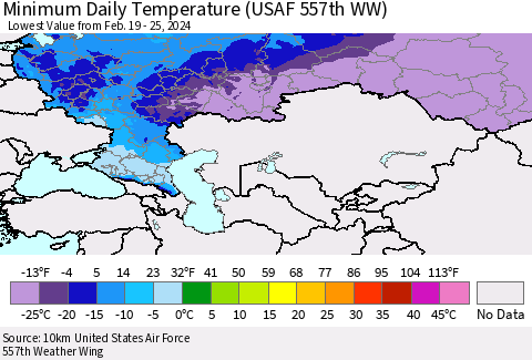 Russian Federation Minimum Daily Temperature (USAF 557th WW) Thematic Map For 2/19/2024 - 2/25/2024