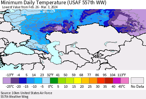 Russian Federation Minimum Daily Temperature (USAF 557th WW) Thematic Map For 2/26/2024 - 3/3/2024