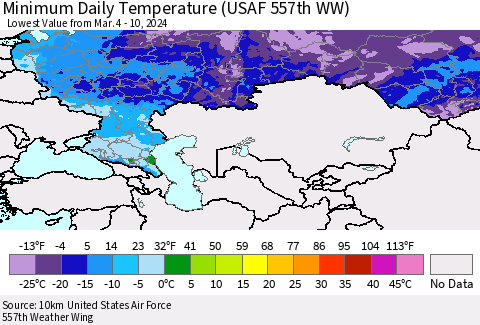 Russian Federation Minimum Daily Temperature (USAF 557th WW) Thematic Map For 3/4/2024 - 3/10/2024