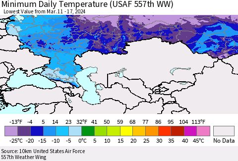 Russian Federation Minimum Daily Temperature (USAF 557th WW) Thematic Map For 3/11/2024 - 3/17/2024