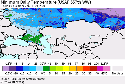 Russian Federation Minimum Daily Temperature (USAF 557th WW) Thematic Map For 3/18/2024 - 3/24/2024