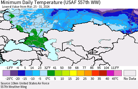 Russian Federation Minimum Daily Temperature (USAF 557th WW) Thematic Map For 3/25/2024 - 3/31/2024