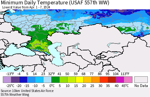 Russian Federation Minimum Daily Temperature (USAF 557th WW) Thematic Map For 4/1/2024 - 4/7/2024
