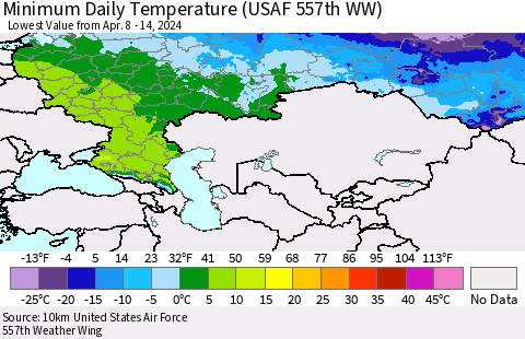 Russian Federation Minimum Daily Temperature (USAF 557th WW) Thematic Map For 4/8/2024 - 4/14/2024