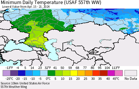 Russian Federation Minimum Daily Temperature (USAF 557th WW) Thematic Map For 4/15/2024 - 4/21/2024