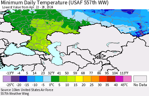 Russian Federation Minimum Daily Temperature (USAF 557th WW) Thematic Map For 4/22/2024 - 4/28/2024