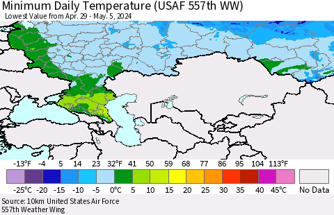 Russian Federation Minimum Daily Temperature (USAF 557th WW) Thematic Map For 4/29/2024 - 5/5/2024
