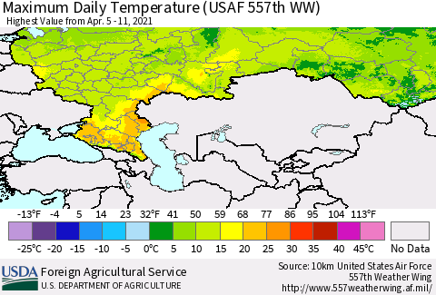Russian Federation Maximum Daily Temperature (USAF 557th WW) Thematic Map For 4/5/2021 - 4/11/2021