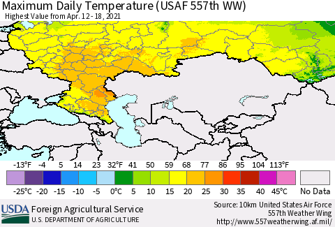 Russian Federation Maximum Daily Temperature (USAF 557th WW) Thematic Map For 4/12/2021 - 4/18/2021