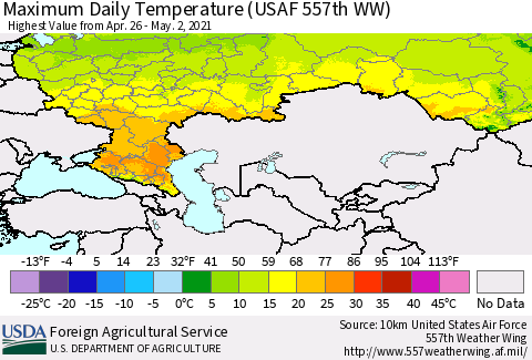 Russian Federation Maximum Daily Temperature (USAF 557th WW) Thematic Map For 4/26/2021 - 5/2/2021