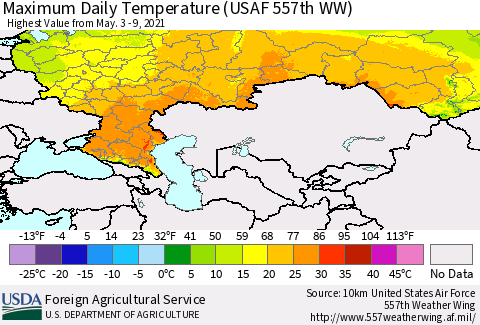 Russian Federation Maximum Daily Temperature (USAF 557th WW) Thematic Map For 5/3/2021 - 5/9/2021