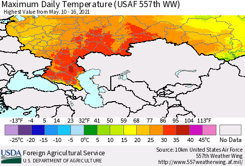 Russian Federation Maximum Daily Temperature (USAF 557th WW) Thematic Map For 5/10/2021 - 5/16/2021