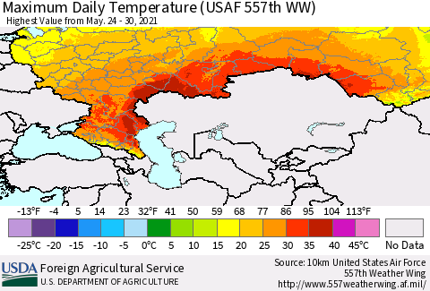 Russian Federation Maximum Daily Temperature (USAF 557th WW) Thematic Map For 5/24/2021 - 5/30/2021