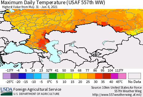 Russian Federation Maximum Daily Temperature (USAF 557th WW) Thematic Map For 5/31/2021 - 6/6/2021