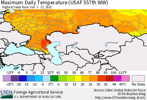 Russian Federation Maximum Daily Temperature (USAF 557th WW) Thematic Map For 6/7/2021 - 6/13/2021