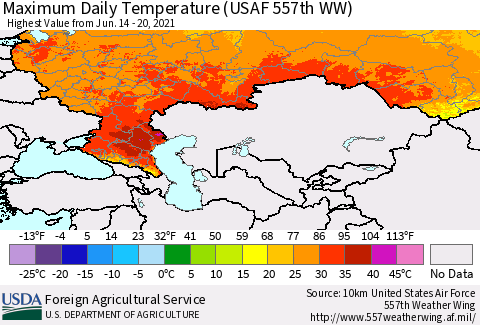 Russian Federation Maximum Daily Temperature (USAF 557th WW) Thematic Map For 6/14/2021 - 6/20/2021