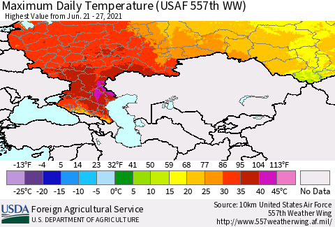 Russian Federation Maximum Daily Temperature (USAF 557th WW) Thematic Map For 6/21/2021 - 6/27/2021