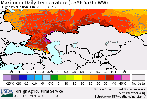 Russian Federation Maximum Daily Temperature (USAF 557th WW) Thematic Map For 6/28/2021 - 7/4/2021