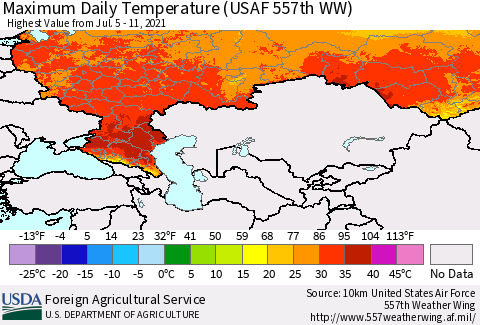 Russian Federation Maximum Daily Temperature (USAF 557th WW) Thematic Map For 7/5/2021 - 7/11/2021