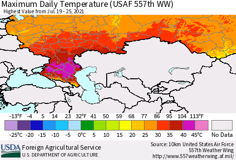 Russian Federation Maximum Daily Temperature (USAF 557th WW) Thematic Map For 7/19/2021 - 7/25/2021