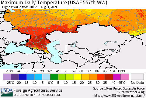 Russian Federation Maximum Daily Temperature (USAF 557th WW) Thematic Map For 7/26/2021 - 8/1/2021
