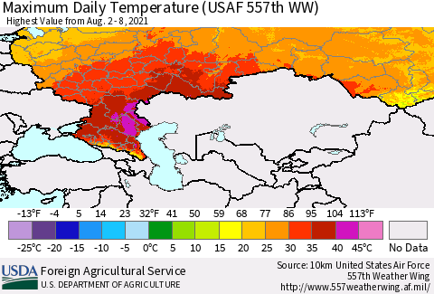 Russian Federation Maximum Daily Temperature (USAF 557th WW) Thematic Map For 8/2/2021 - 8/8/2021