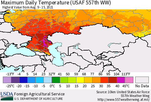 Russian Federation Maximum Daily Temperature (USAF 557th WW) Thematic Map For 8/9/2021 - 8/15/2021