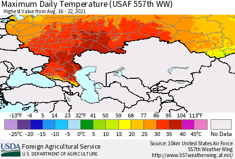 Russian Federation Maximum Daily Temperature (USAF 557th WW) Thematic Map For 8/16/2021 - 8/22/2021