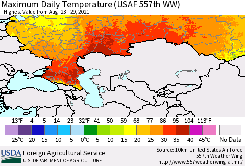 Russian Federation Maximum Daily Temperature (USAF 557th WW) Thematic Map For 8/23/2021 - 8/29/2021