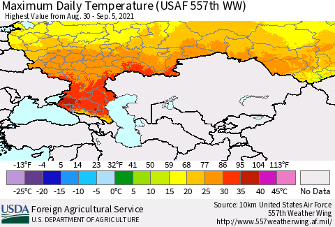 Russian Federation Maximum Daily Temperature (USAF 557th WW) Thematic Map For 8/30/2021 - 9/5/2021